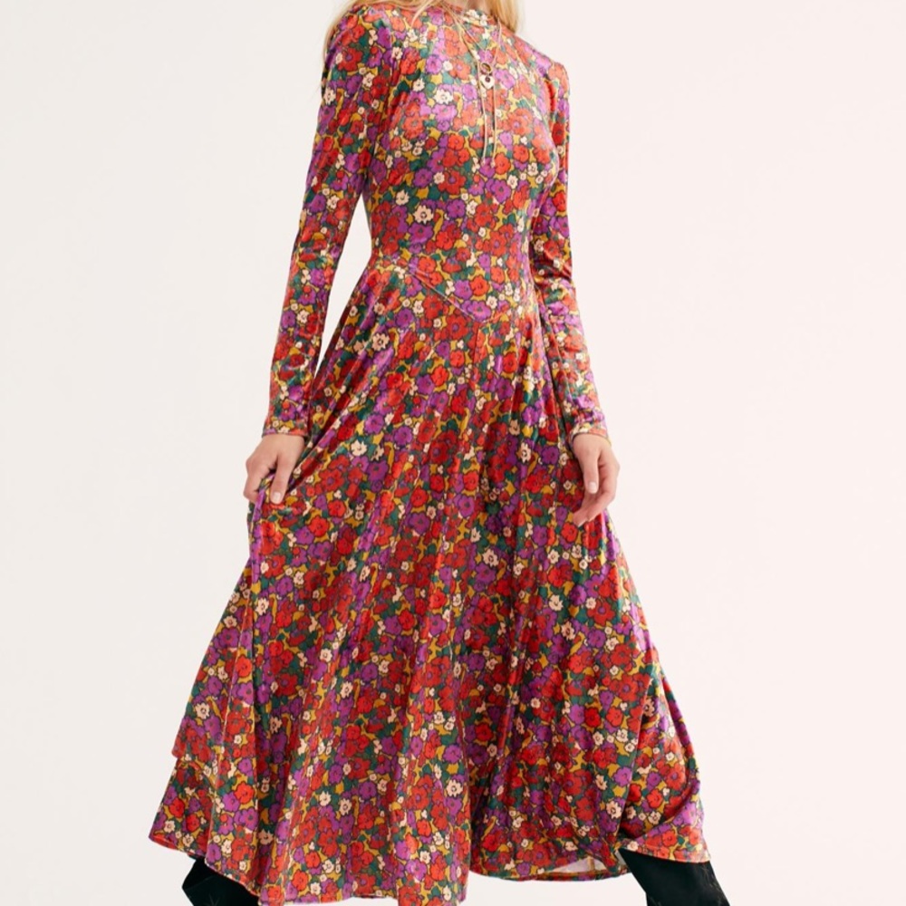 Free People Heartland Velvet Floral Midi Dress MEDIUM